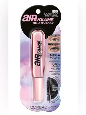 L'Oreal Paris Makeup Air Volume Mega Washable Blackest Black, 0.3 Fl Oz